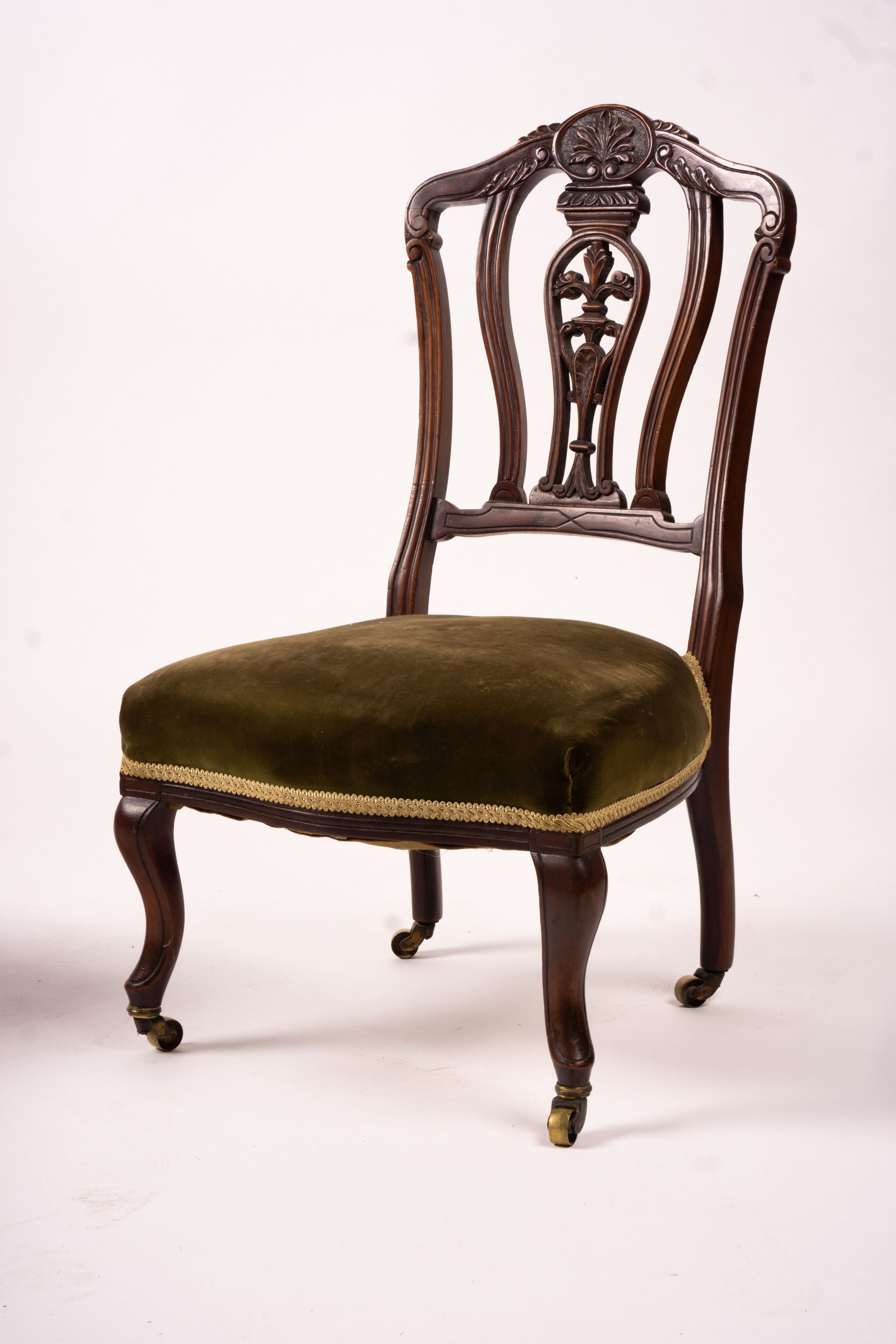 A Victorian salon chair, a Victorian side chair, square oak occasional table and a circular table